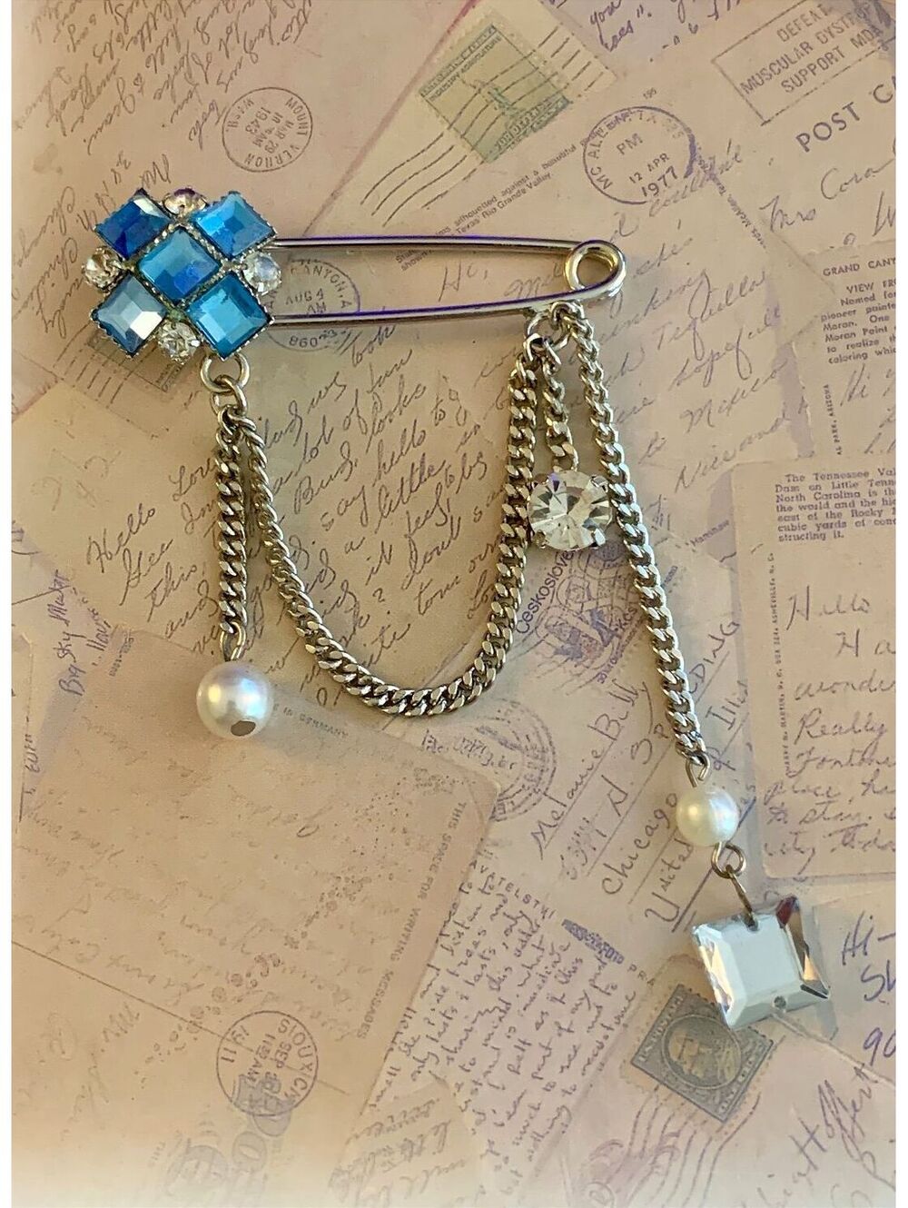 Vintage Elegant Silver Pin with Blue Crystals and Pearl Chains - Chic Accessory
